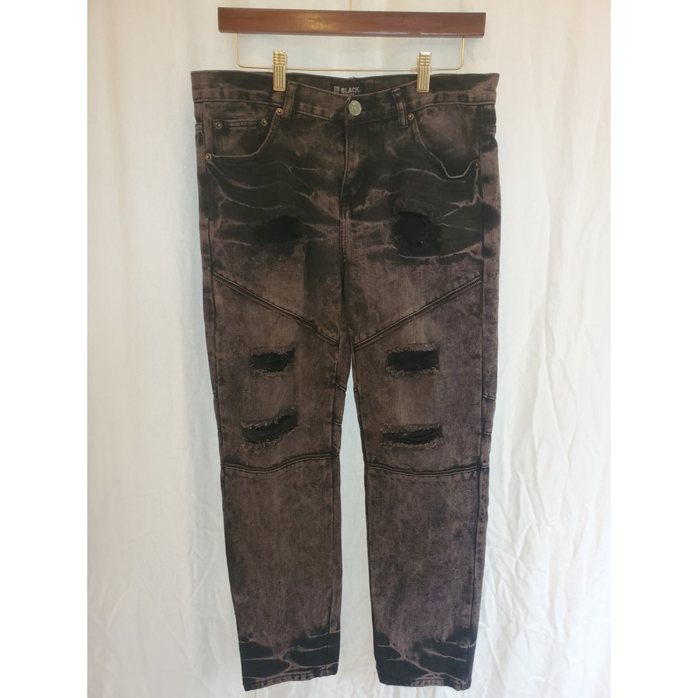 Y2K Black Premium Distressed Moto Skinny Jeans Mens 32x30 Acid Wash Punk